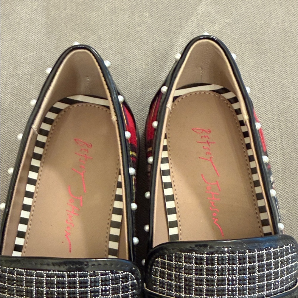 Betsey Johnson Red Plaid & Black Accent Studded Loafers - Picture 2 of 4